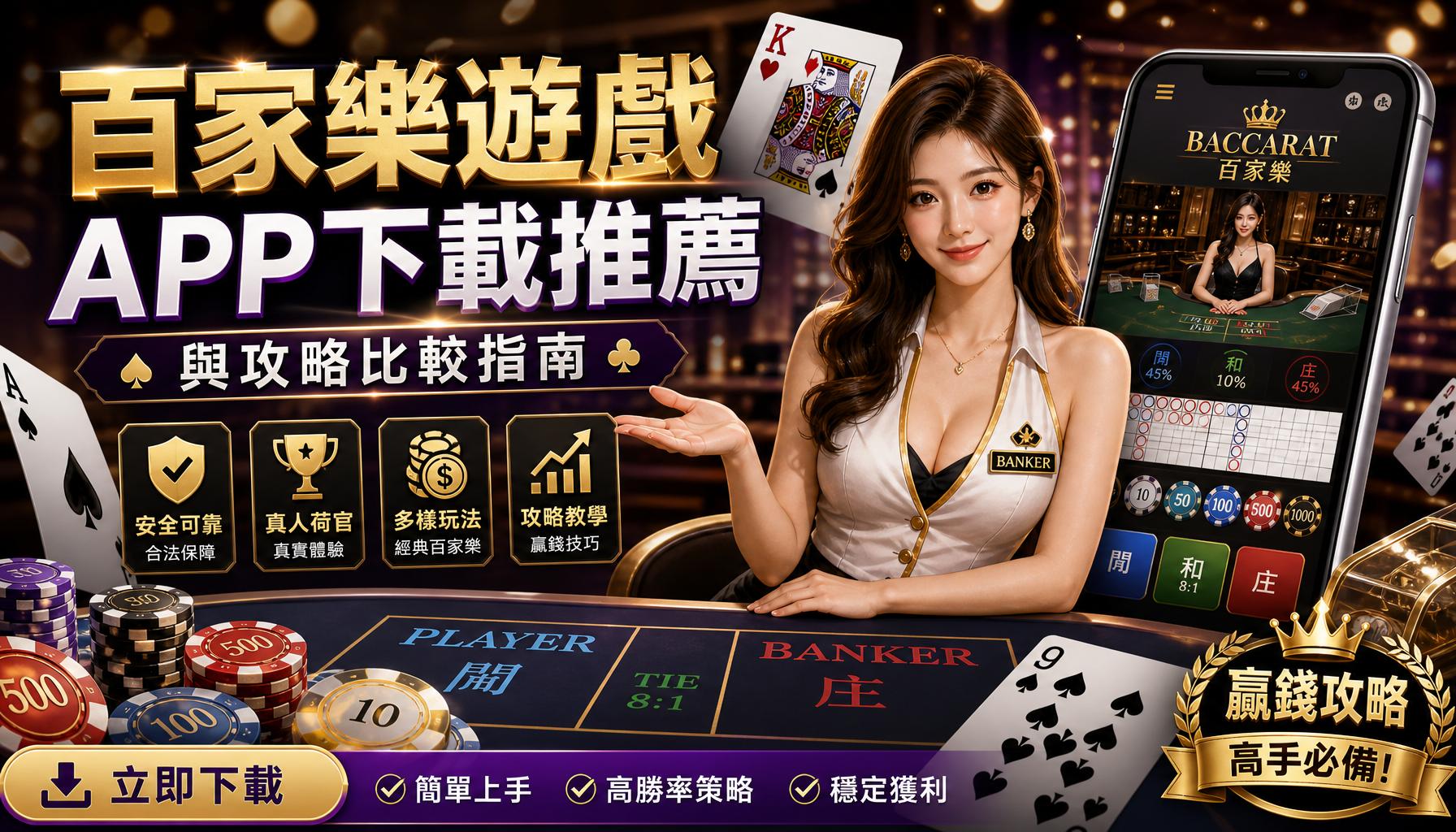 Promotional banner for a casino app showing a smiling female dealer at a baccarat table and a smartphone with the Baccarat game on screen.